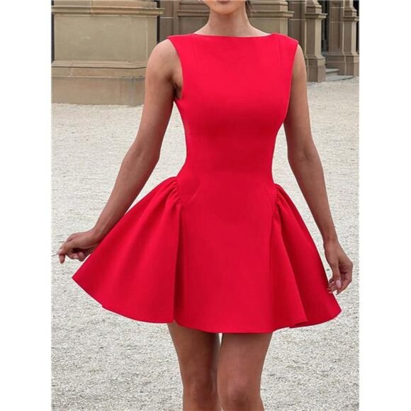 Elegant Backless Mini Dress - Sleeveless Party Dress With Zipper & Flared - Picture 4 of 9